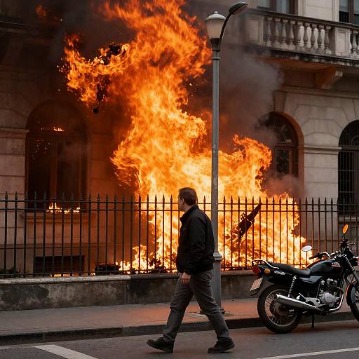 Man Walking Past Building on Fire