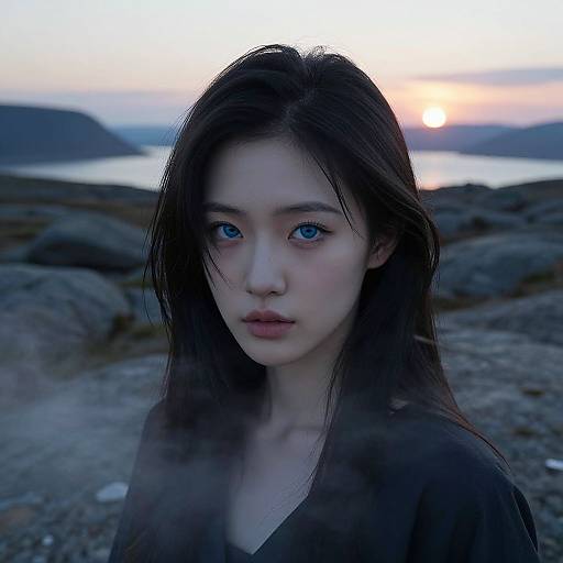 Photorealistic digital portrait of an Asian woman with striking blue eyes, long black hair, and pale skin, standing on a rocky shoreline at sunset.