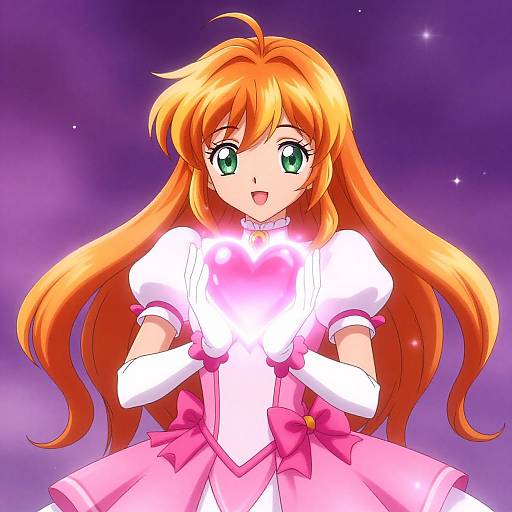 Digital anime-style drawing of a cute, green-eyed girl with long orange hair, wearing a white and pink magical girl outfit, glowing pink heart in hands