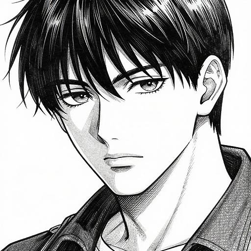 Black and white manga-style drawing of a young man with dark, messy hair, intense eyes, and a serious expression.