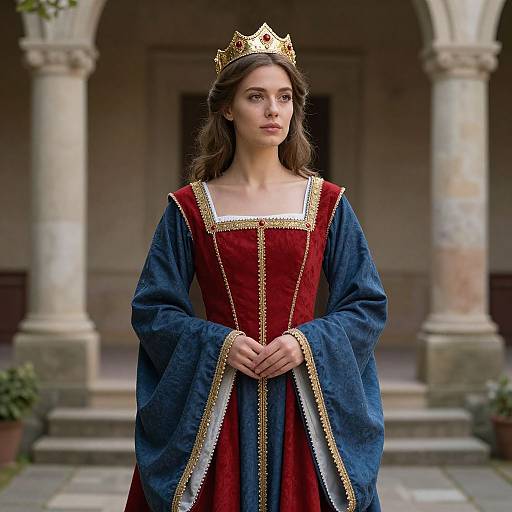 Photograph of a young woman with long brown hair, wearing a gold crown, red and blue medieval-style gown, standing in front of a stone arch