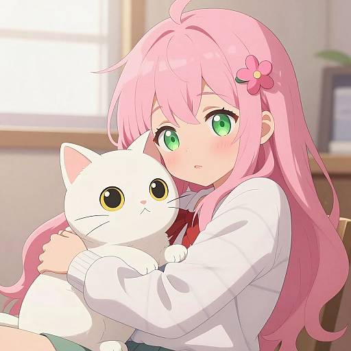 Anime-style digital drawing of a pink-haired girl with green eyes, wearing a white shirt and red ribbon, hugging a white cat with yellow eyes.