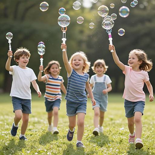 Photograph of five children running in a sunlit grassy park, blowing bubbles with bubble wands, smiling, and laughing joyfully.