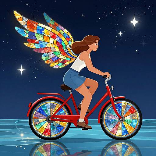 Stained Glass Winged Bicyclist at Night