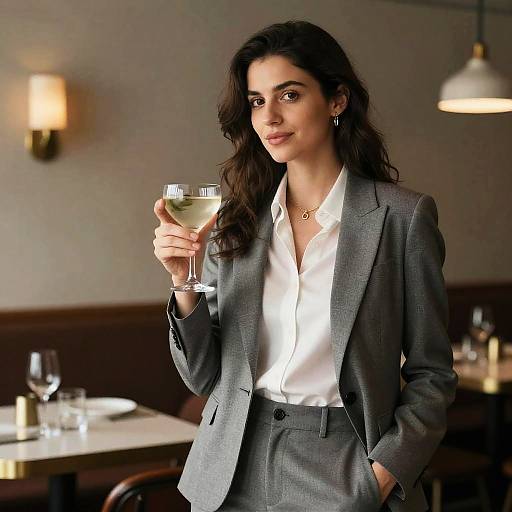 Photograph of a confident woman with long dark hair, wearing a gray suit and white shirt, holding a glass of white wine in a dimly lit