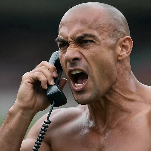 Angry Muscular Man Shouting on Corded Phone