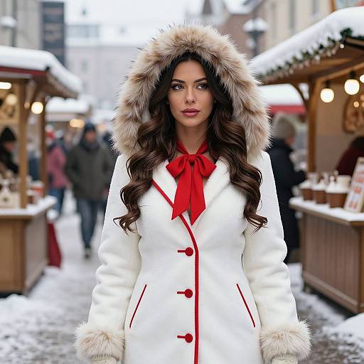 Photograph of a woman with long dark hair, wearing a white fur-trimmed coat with a brown fur hood, red bow, standing in a