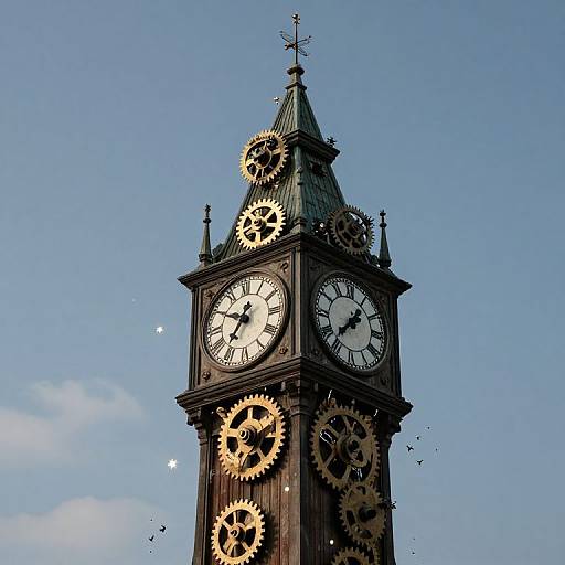 Surreal Clock Tower with Luminous Insects