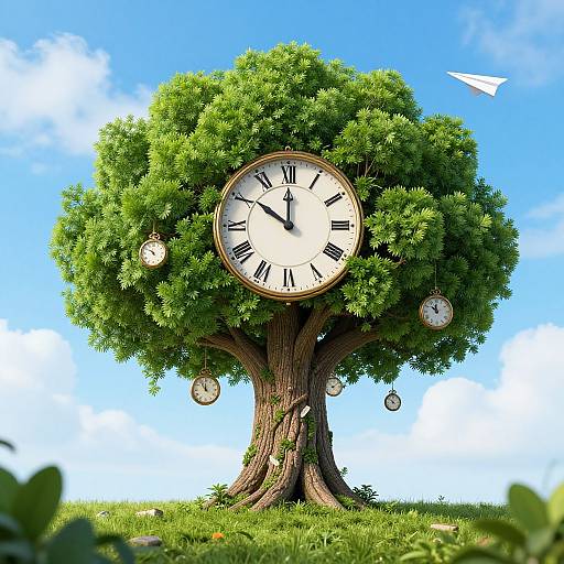Photograph-style digital artwork of a green tree with a large, clock face in its center, surrounded by smaller clock faces, set against a bright blue