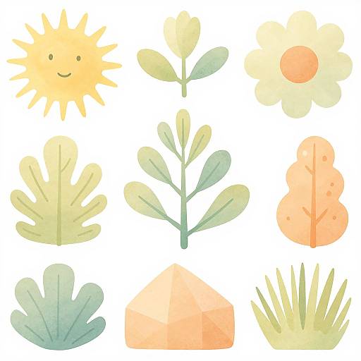 Watercolor-style illustration of a sun with a smile, five leaves, a flower with an orange center, and three different grasses.
