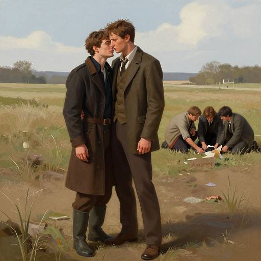 Photorealistic digital painting of two men in brown coats kissing in a grassy field, while three others sit and work in the background.