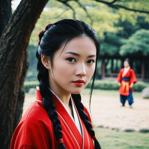 Young Asian Woman in Traditional Red Hanfu Outdoors