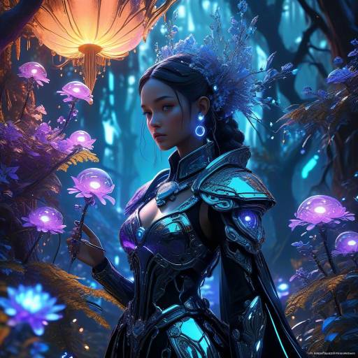 Futuristic Warrior in Bioluminescent Forest