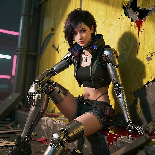 Cyberpunk woman with black hair and robotic limbs, wearing a black crop top and shorts, sits on bloodstained ground against a yellow, graffiti
