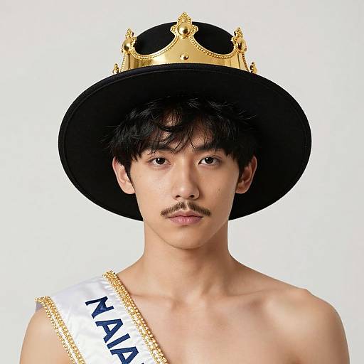Photograph of an Asian man with medium skin tone, black hair, mustache, wearing a black hat with a gold crown, white sash with