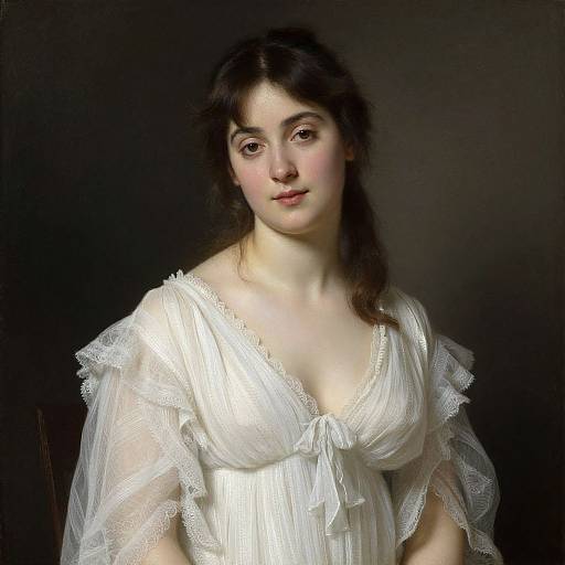 Photorealistic painting of a fair-skinned woman with dark brown hair, wearing a white, sheer, V-neck dress with lace sleeves, against a