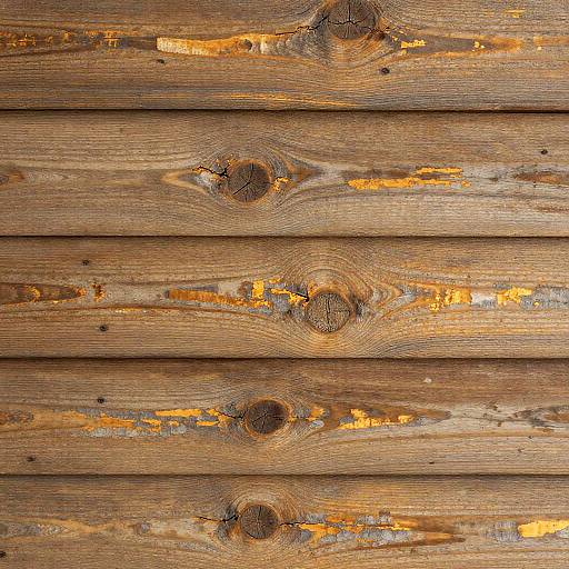 Close-up photograph of weathered, brown wooden planks with prominent knots, grain textures, and orange sunlight reflections, creating a rustic, natural pattern.