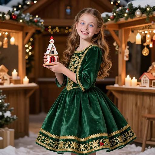 Photograph of a smiling young girl with long brown hair, wearing a green velvet dress with gold embroidery, holding a small Christmas house, standing in a