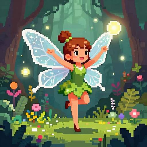 Pixel art of a fairy with brown hair, green dress, and white wings, holding a glowing orb in a vibrant forest.