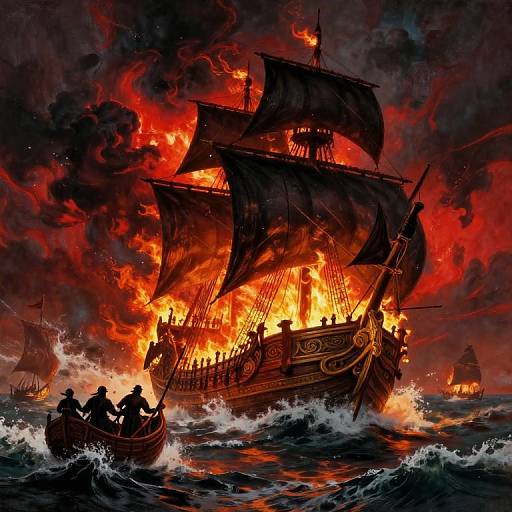 Fantasy Ship Aflame on Stormy Sea