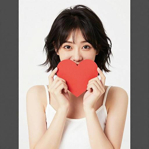 Woman Holding Red Heart with Playful Expression
