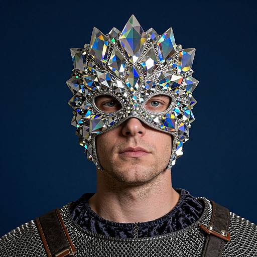 Photograph of a young man with a silver, crystal-covered masquerade mask, blue eyes, and chainmail shirt against a dark blue background.