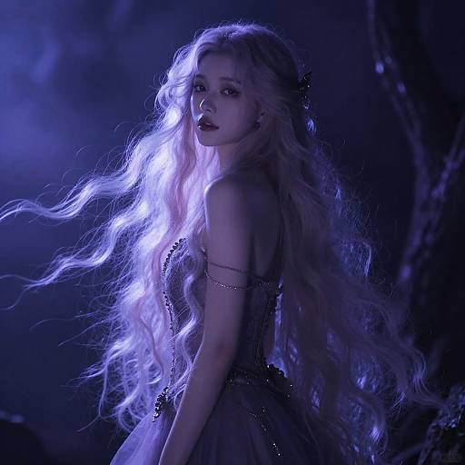 Photograph of a mysterious, ethereal young woman with long, flowing white hair illuminated by blue-purple light, wearing a dark, ornate dress,