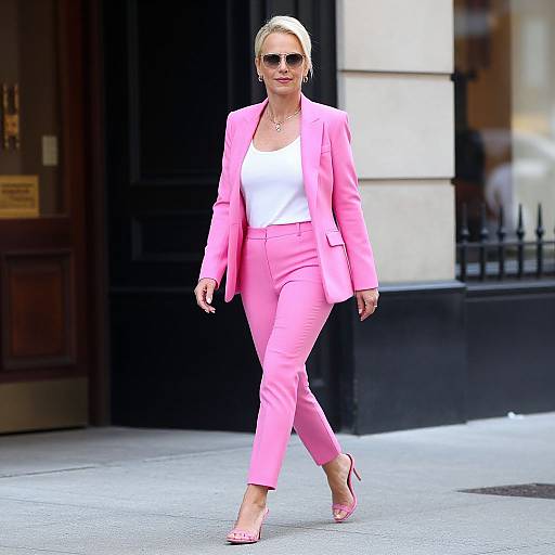 Photograph of a blonde woman in a pink blazer and matching pants, white top, sunglasses, and pink heels, walking confidently on a city street