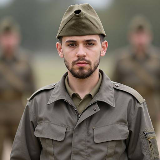 Photograph of a serious, bearded young man in a green military uniform and cap, with blurred soldiers in the background.