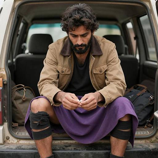 Rugged Man in Worn Vehicle