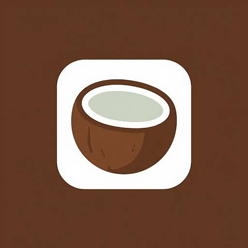 Digital illustration of a brown coconut with a white hollow center, centered within a white square against a dark red background.