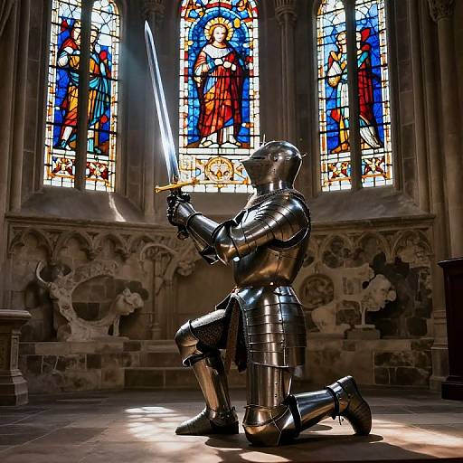 Photograph of a knight in shiny, medieval armor kneeling in a dimly lit cathedral, holding a sword, with colorful stained glass windows in the background