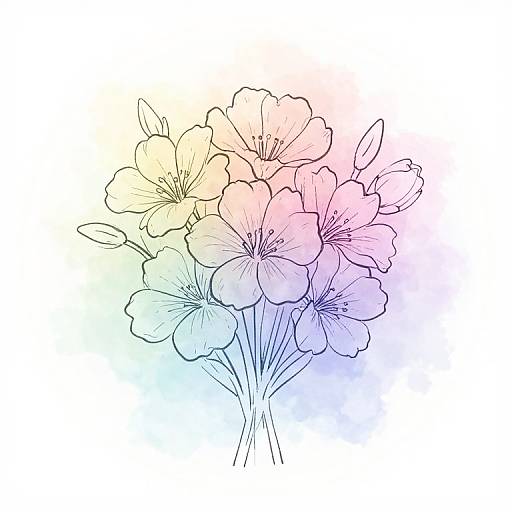 Digital drawing of a bouquet of colorful, detailed lilies with rainbow gradients on white background, showcasing delicate line work.