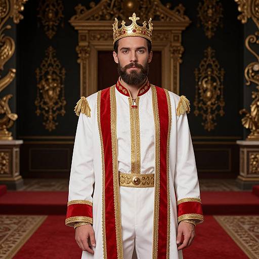 Photograph of a bearded man with a dark complexion, wearing a gold crown and white regal robe with red and gold trim, standing in an