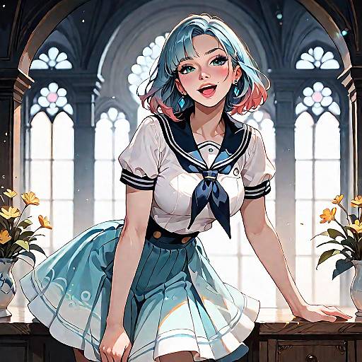 Anime-style digital illustration of a cute, blue-haired girl in a sailor uniform leaning on a desk with sunlight streaming through arched windows. Yellow flowers decorate