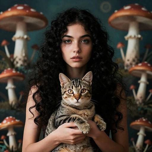 Photograph-style digital art of a young woman with long curly black hair, holding a tabby cat, standing in front of oversized red-and-white mushrooms