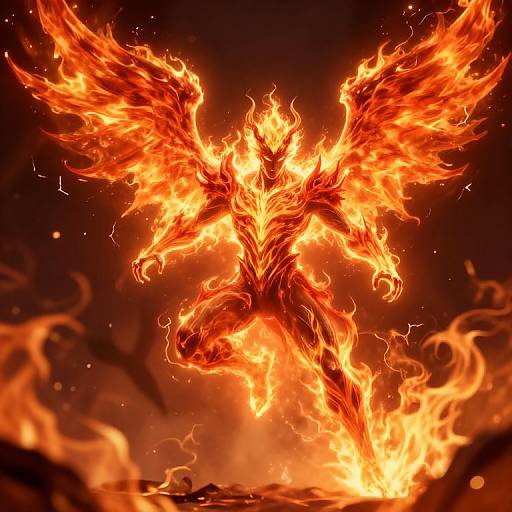 Digital artwork of a fiery, winged humanoid figure with glowing orange flames enveloping its body, mid-leap against a dark background.