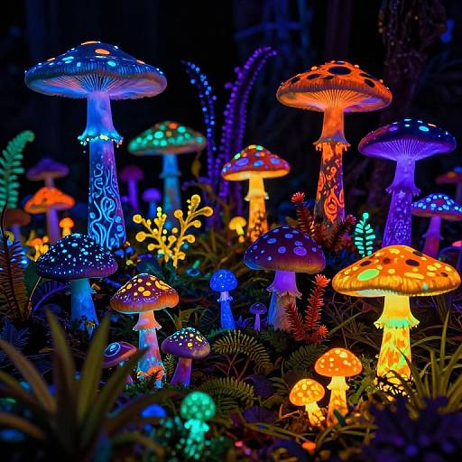 Vibrant photograph of glowing, bioluminescent mushrooms in a dark forest, featuring vivid blue, orange, green, and purple hues with intricate