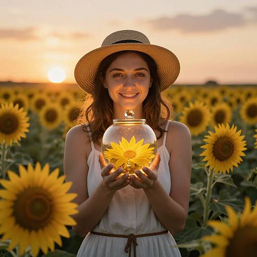 Photograph of a smiling woman in a white sundress and straw hat, holding a glass jar with a glowing sunflower, standing in a sunflower