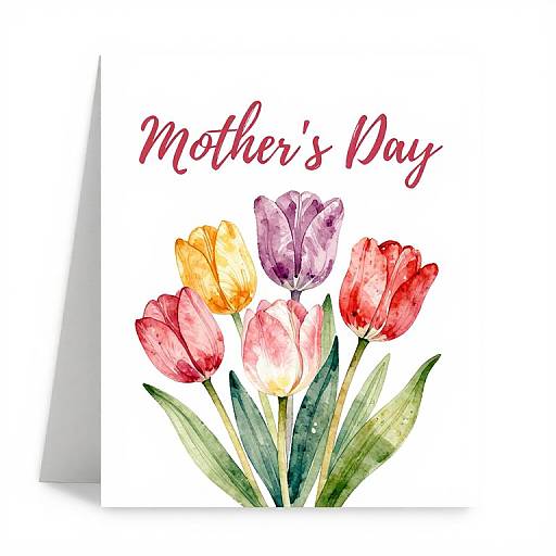 Watercolor illustration of vibrant tulips in red, yellow, pink, purple, and orange with green leaves. 
