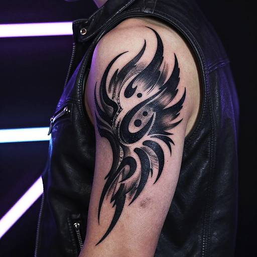 Photograph of a muscular arm with a black tribal tattoo, wearing a sleeveless black leather vest, against a dark background with white neon stripes.