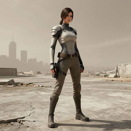Photorealistic CGI of a strong, armored woman with dark hair, standing on a damaged rooftop with a hazy cityscape background.