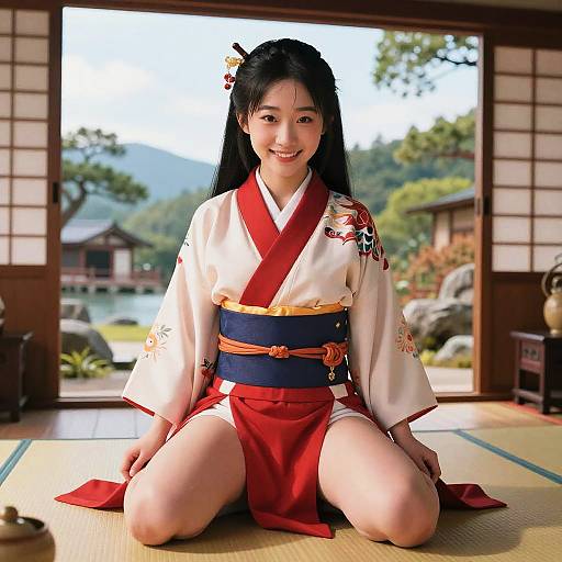 Photograph of a smiling Asian woman with long black hair, kneeling in a traditional Japanese room, wearing a white and red kimono, with a blue