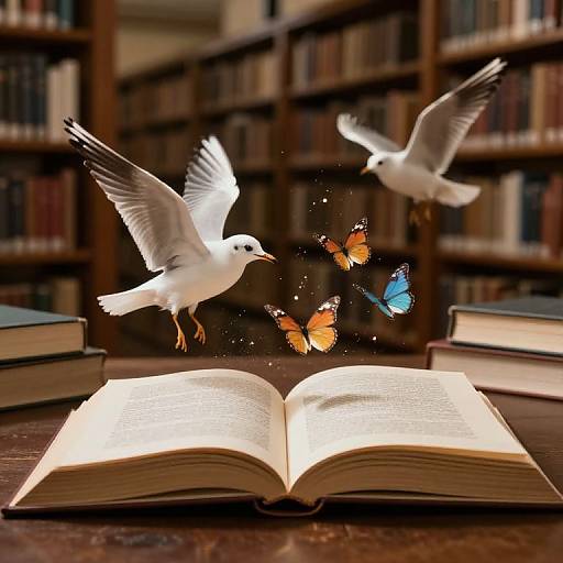 Photograph of two white seagulls with outstretched wings, surrounded by colorful butterflies, hovering above an open book on a wooden table in a