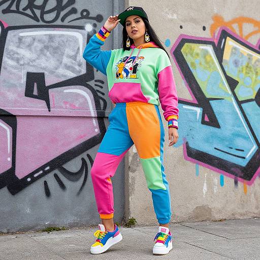 Photograph of a woman in colorful, patchwork hoodie and pants, green cap, white sneakers, standing against graffiti-covered concrete wall.