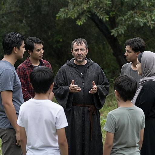 Middle-aged Robed Leader in Rainy Forest