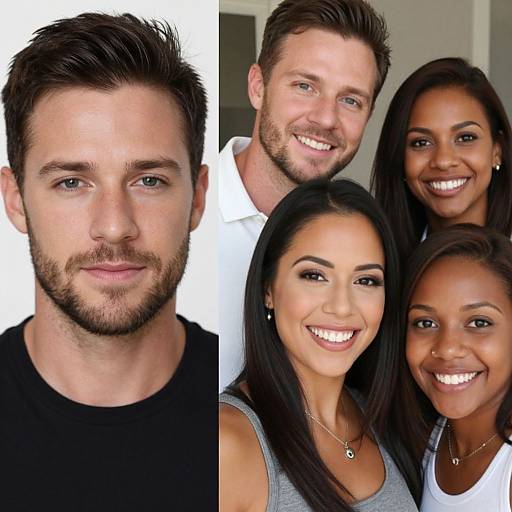 Photograph collage: Close-up of bearded white man with brown hair, smiling white man with beard, and two smiling Black women with long hair and