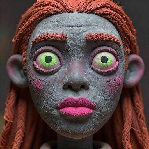 Photograph of a detailed, textured, blue-skinned doll with glowing green eyes, red dreadlocks, pink lips, and dark eyebrows, set against