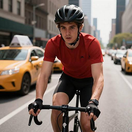 Young Cyclist Riding Through Busy City