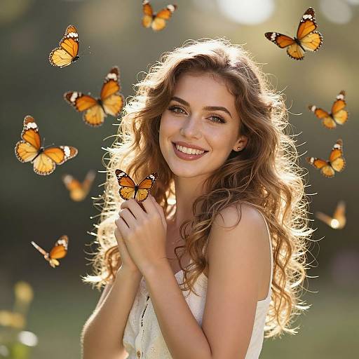 Radiant Woman Surrounded by Golden Butterflies
